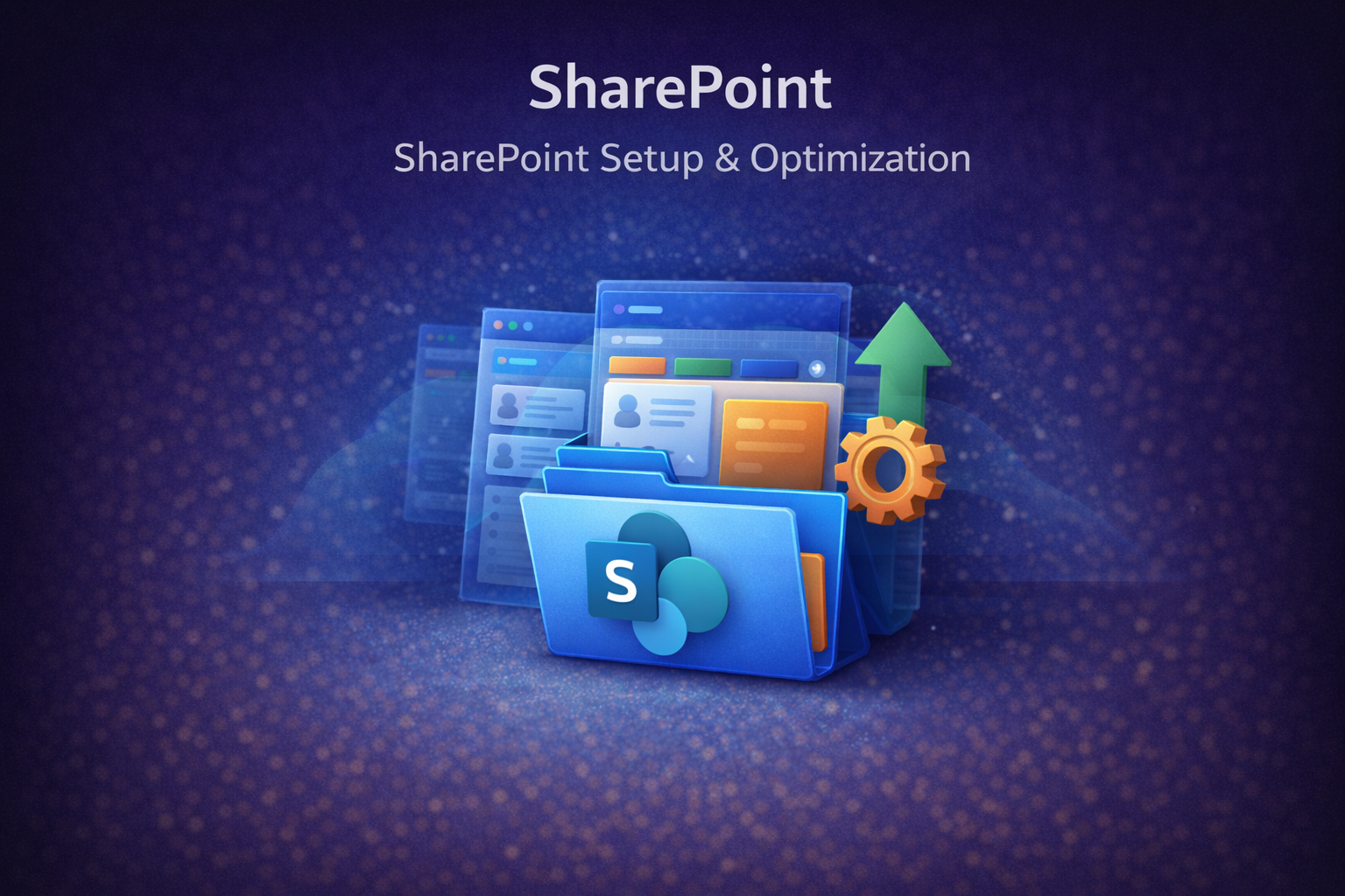 SharePoint file sharing illustration showing document libraries, permissions, and secure collaboration