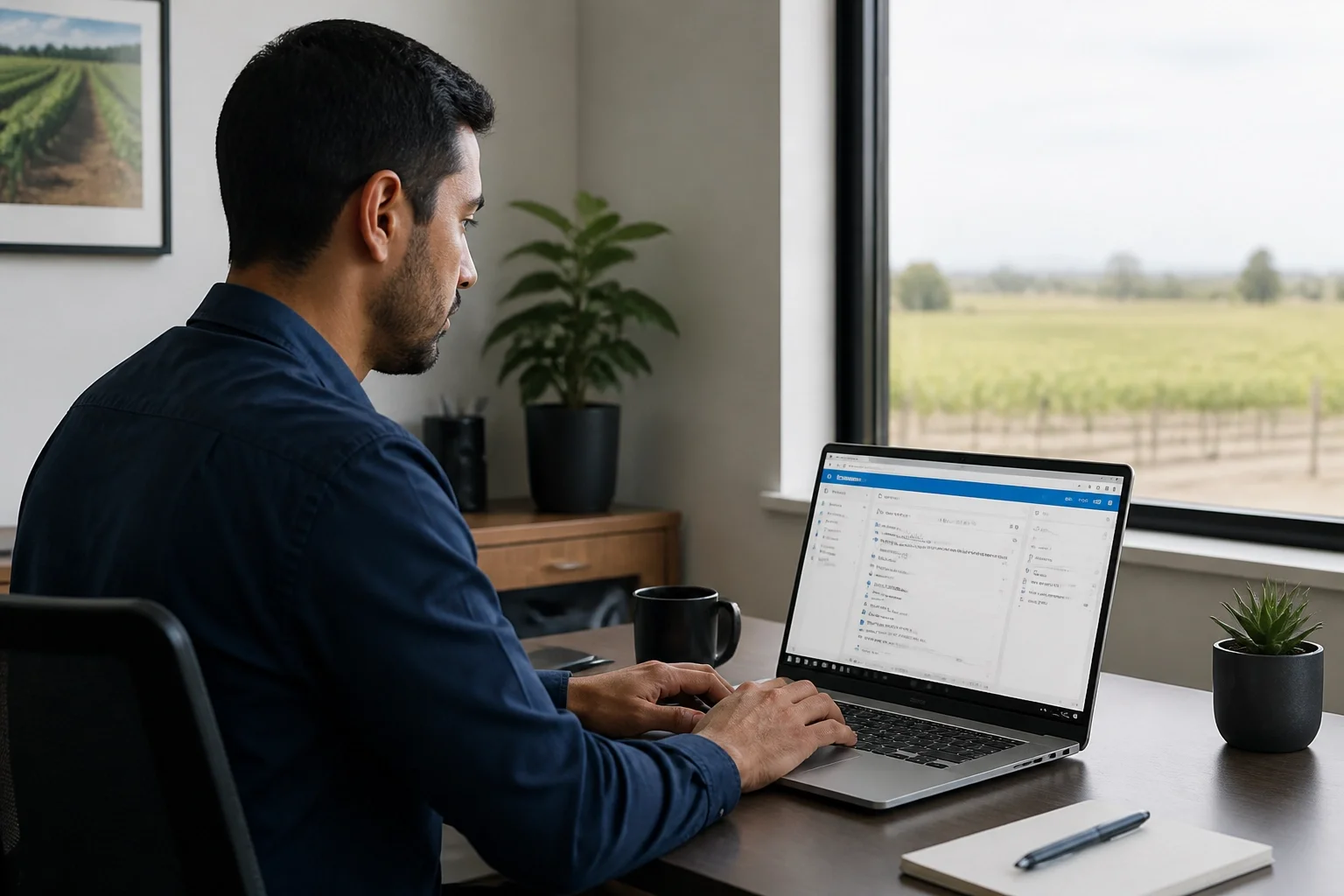 Solo entrepreneur setting up Microsoft 365 business email on a Windows laptop in a clean modern office.