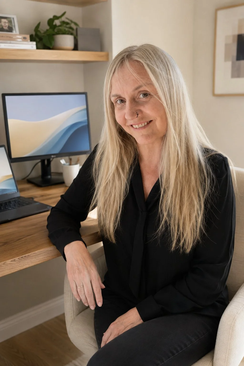 Anita Balint, owner of TaskAlign, at her computer support workspace in Oakdale, California.