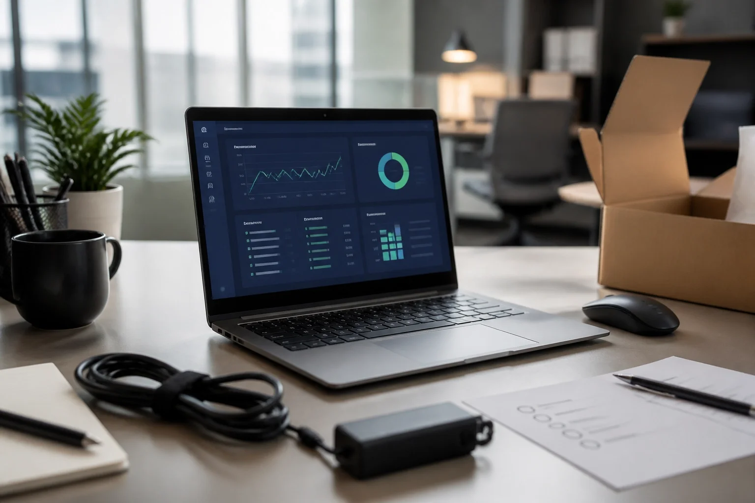 AI-generated image of a newly unboxed business laptop being optimized for performance in a clean office.