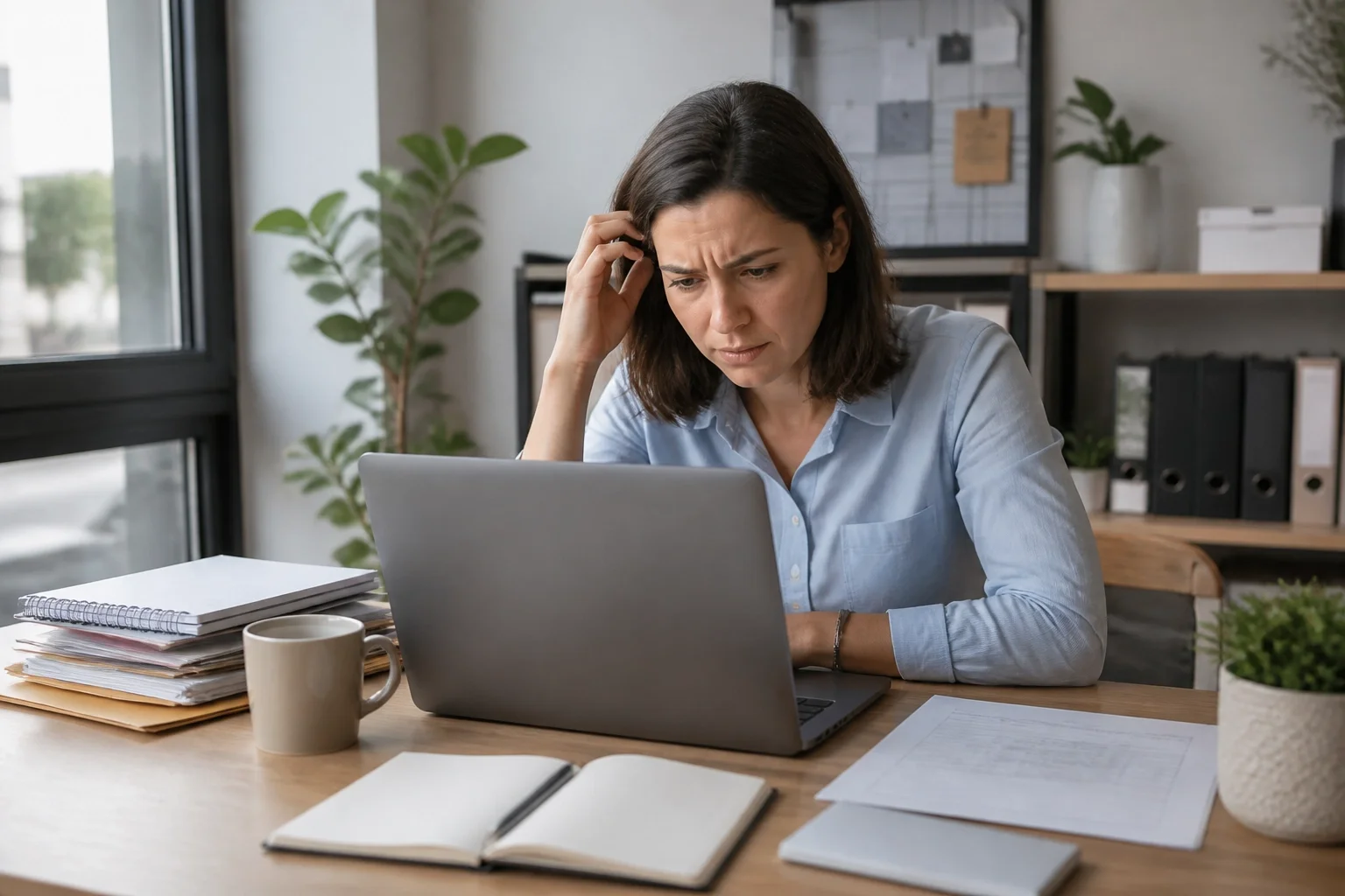 AI-generated image of a solo small business owner dealing with new laptop setup frustrations in a modern office.