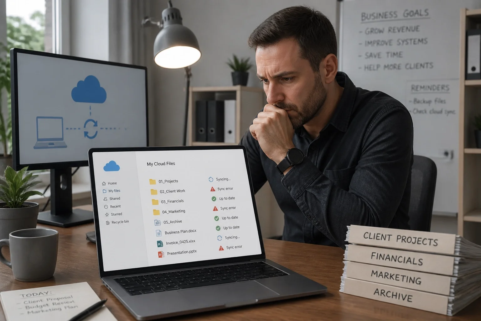 AI-generated small business owner reviewing cloud folder sync warnings on a laptop in a modern office.