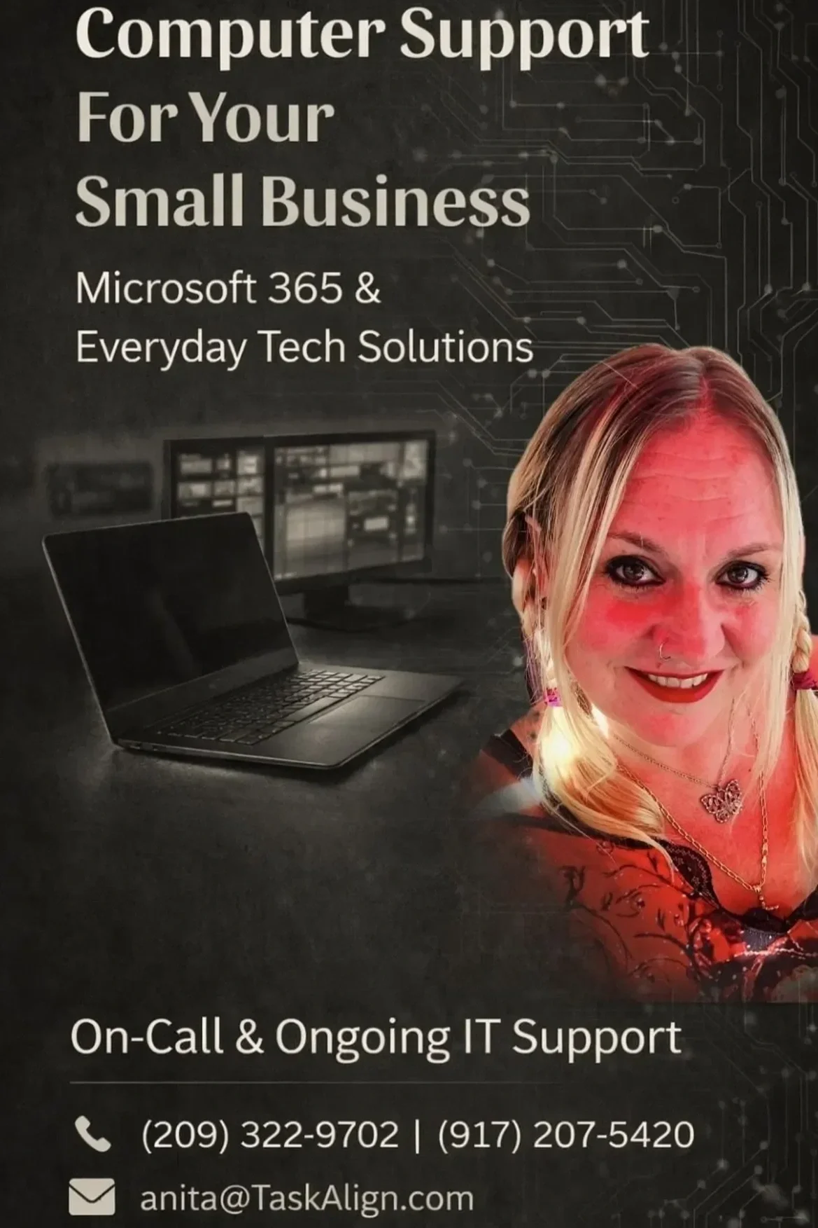 Promotional graphic for TaskAlign featuring a smiling team member, modern laptop, and multiple monitors