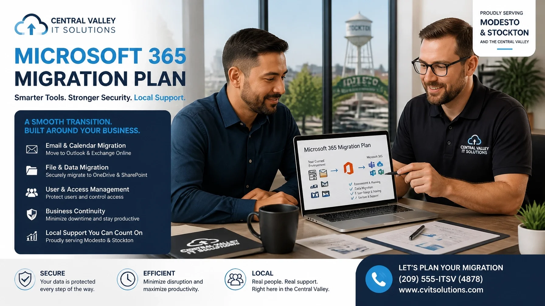 Professional Microsoft 365 migration planning meeting for a Modesto small business moving from personal apps to business tools