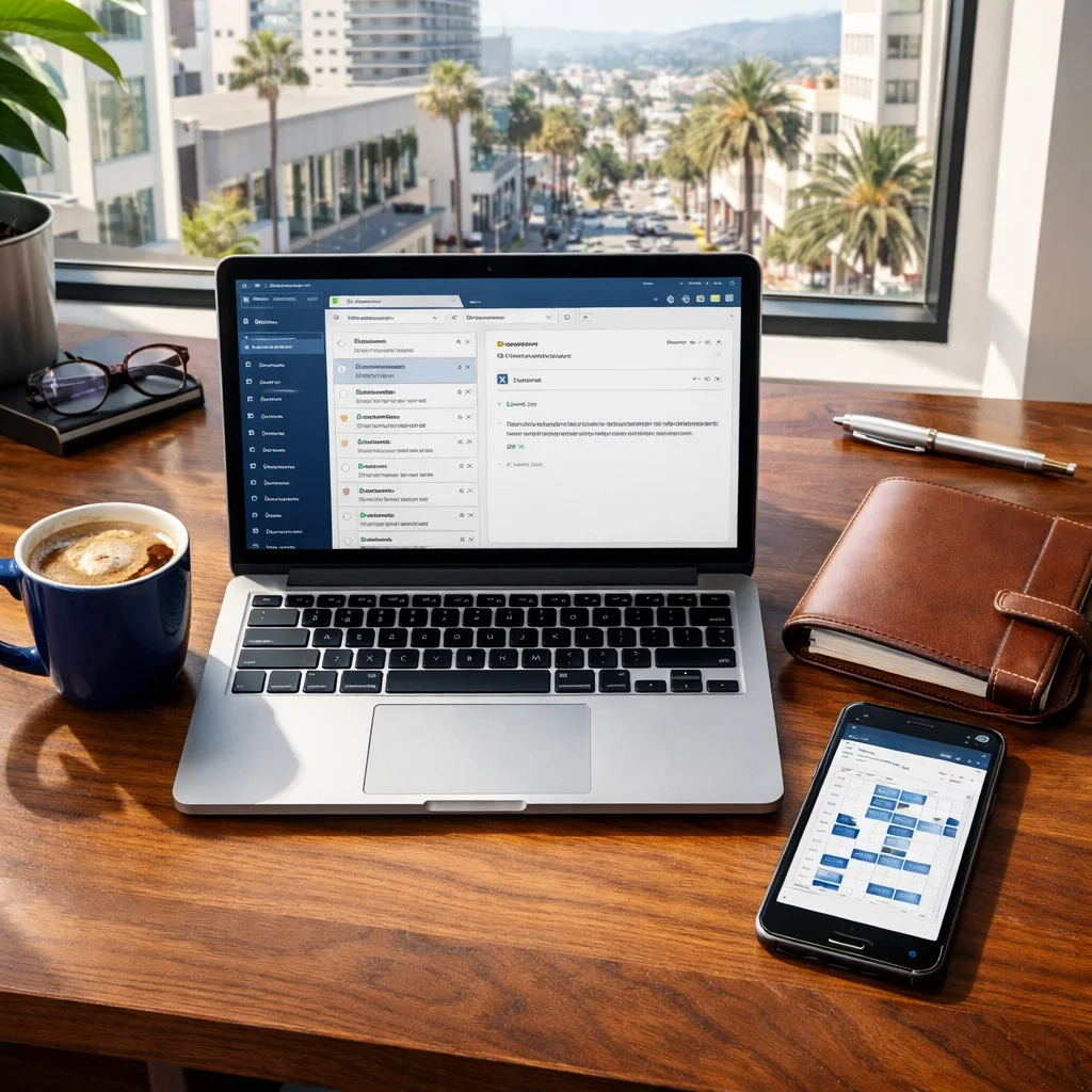 Organized workspace in Modesto showing a professional Microsoft 365 email setup and synced devices.