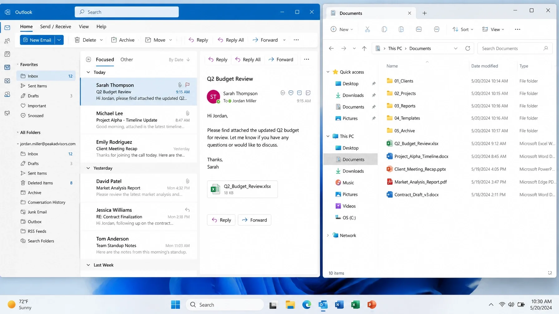 Professional business email and document organization on a computer screen