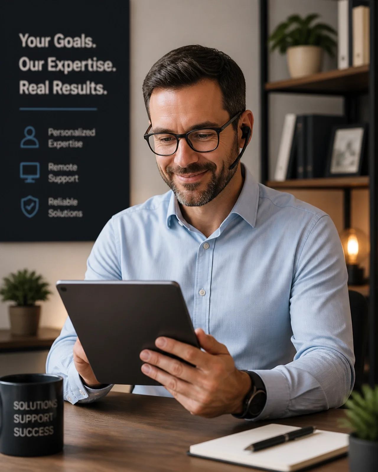 A professional IT consultant looking supportively at a tablet in a modern office.