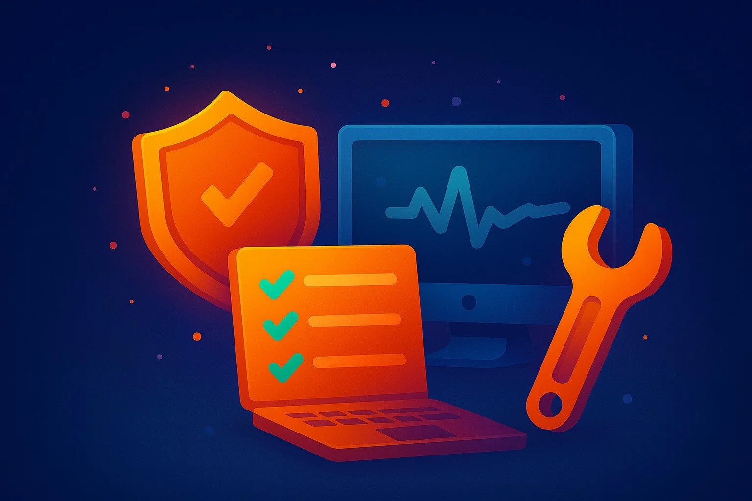 Flat-style image showing secure remote access and device checkups, representing antivirus review, software updates, and remote computer maintenance.