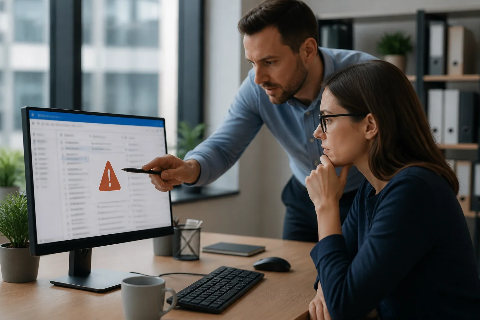 Professional reviewing an Outlook email issue while a support specialist points out a solution in a modern office.