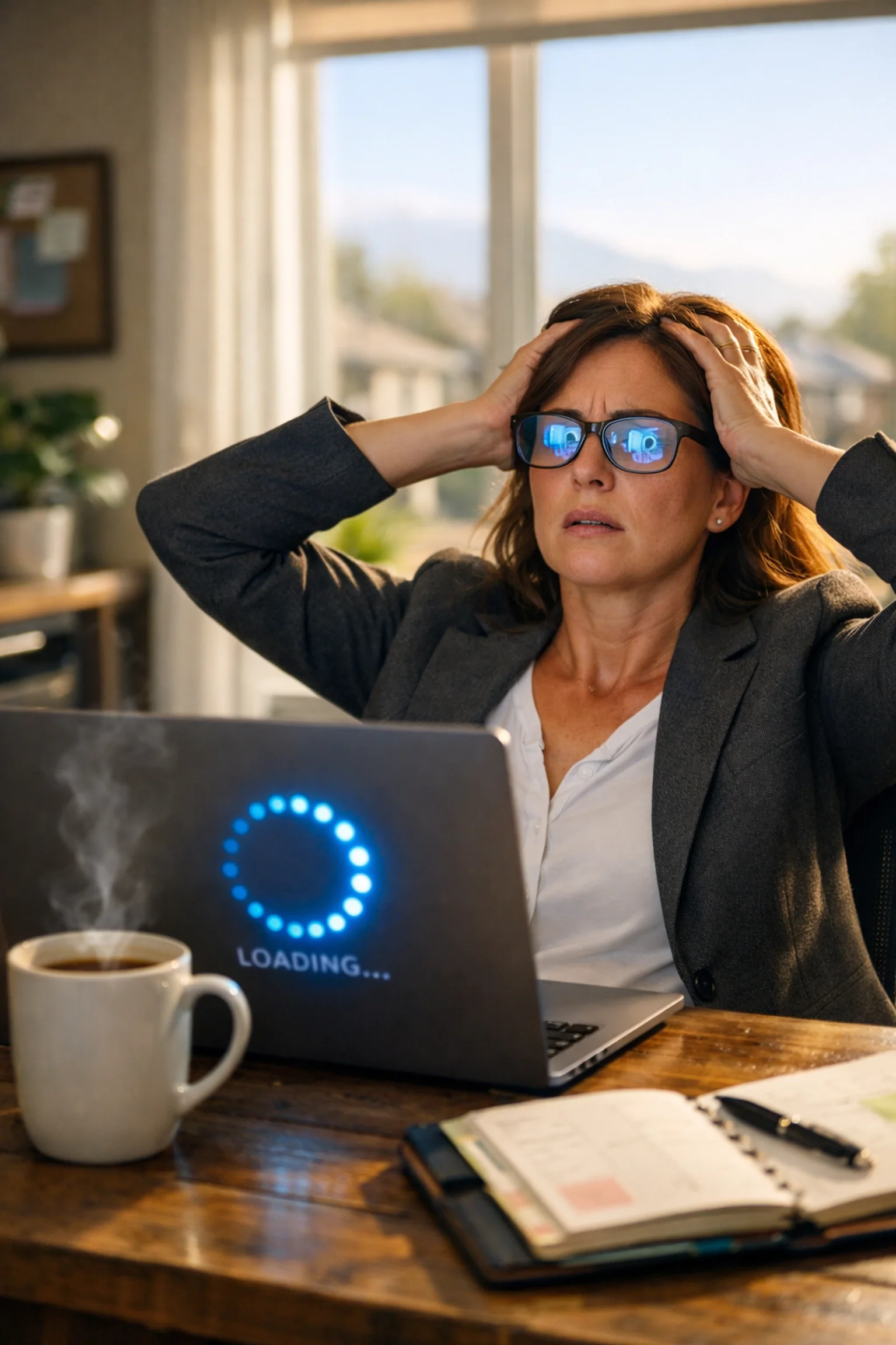 Frustrated Oakdale business owner experiencing Microsoft 365 glitches and tech bottlenecks on a Monday morning.