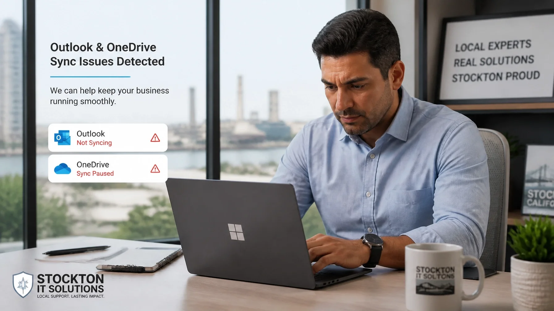 Professional Stockton small business owner reviewing Microsoft 365 email and OneDrive sync issues on a Windows laptop in a polished office setting.