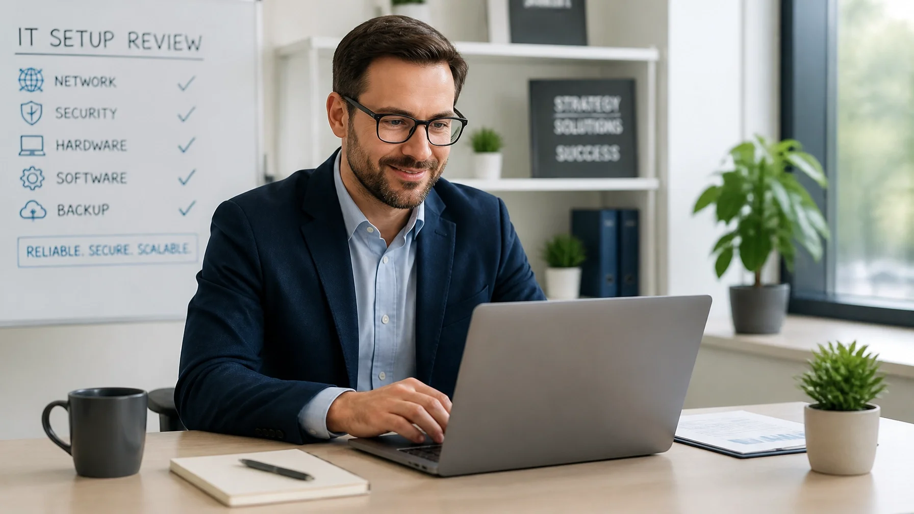 Business consultant reviewing IT setup on a laptop in a bright modern office