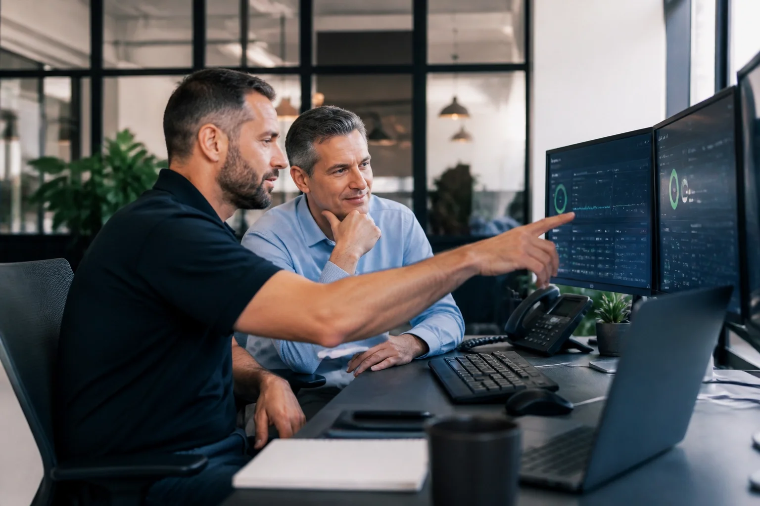 IT professional reviewing maintenance and security status with a small business owner beside a workstation.