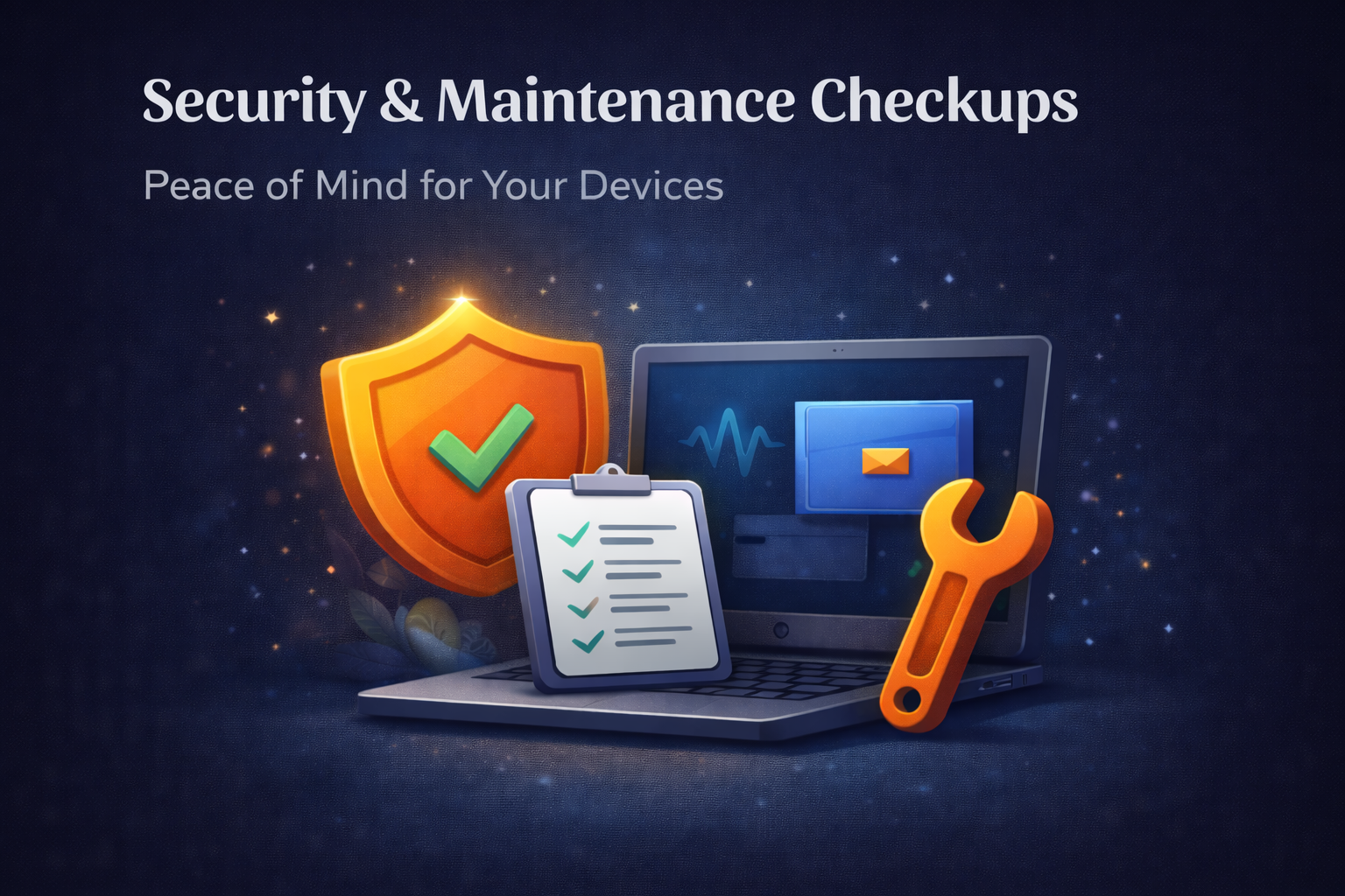 Computer security and maintenance illustration with shield, checklist, and system protection icons