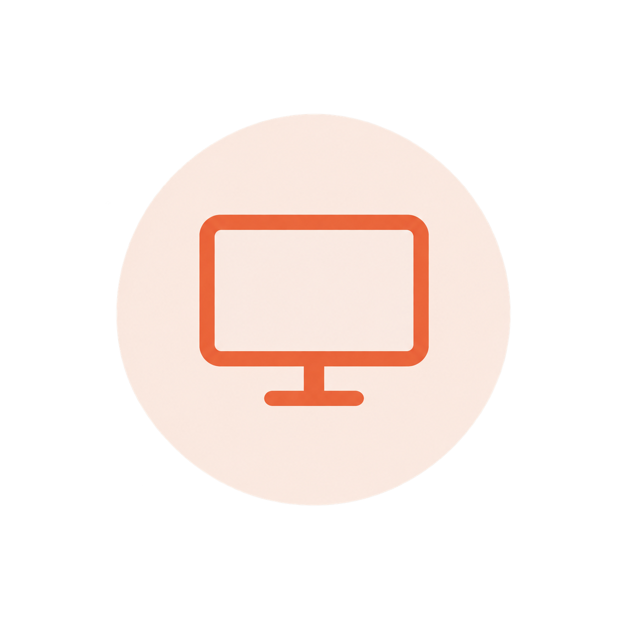 Icon of a computer monitor with a blank screen, outlined in orange, on a circular light-colored background.