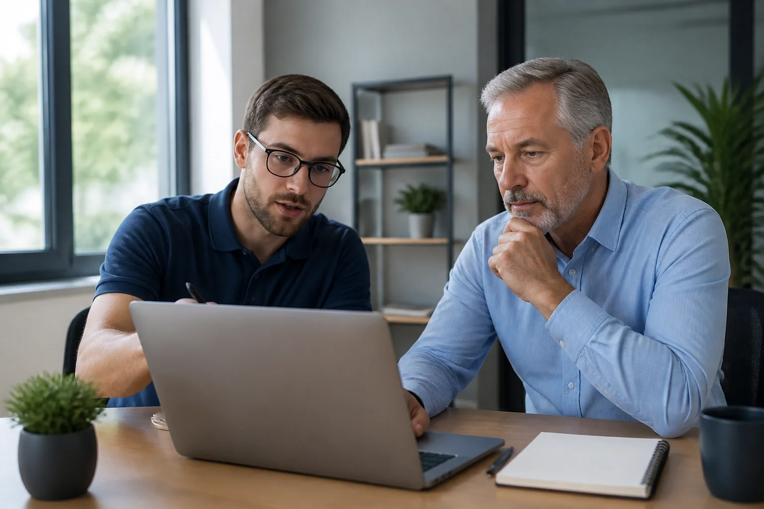 IT consultant helping a small business owner review email sync issues on a laptop.