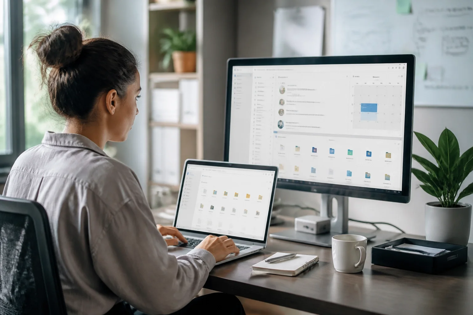 Small business owner working with email calendar and cloud files in a clean office setup.