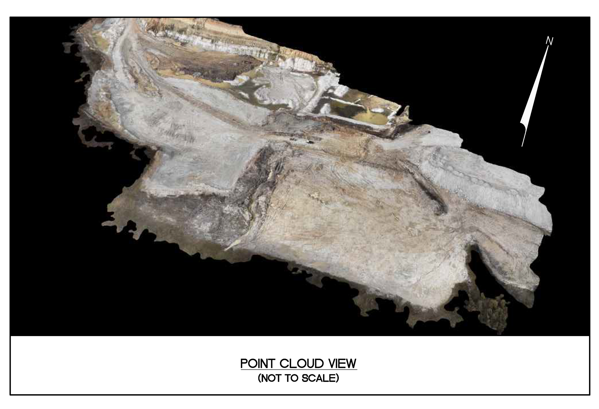 Aerial point cloud view of a rocky and hilly terrain with some water bodies and sparse vegetation, labeled as 'POINT CLOUD VIEW'.