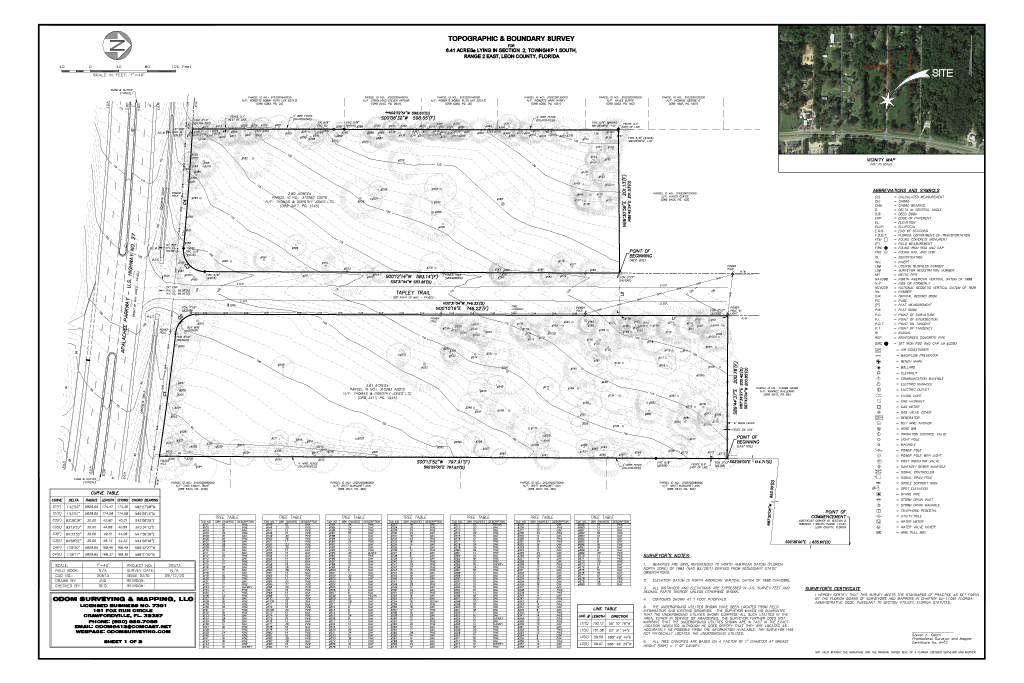 Topographic and boundary survey map of a 4.41-acre property in Lehigh County, Florida, showing lot boundaries, elevation contours, utilities, and site features, with a location inset in the upper right corner.