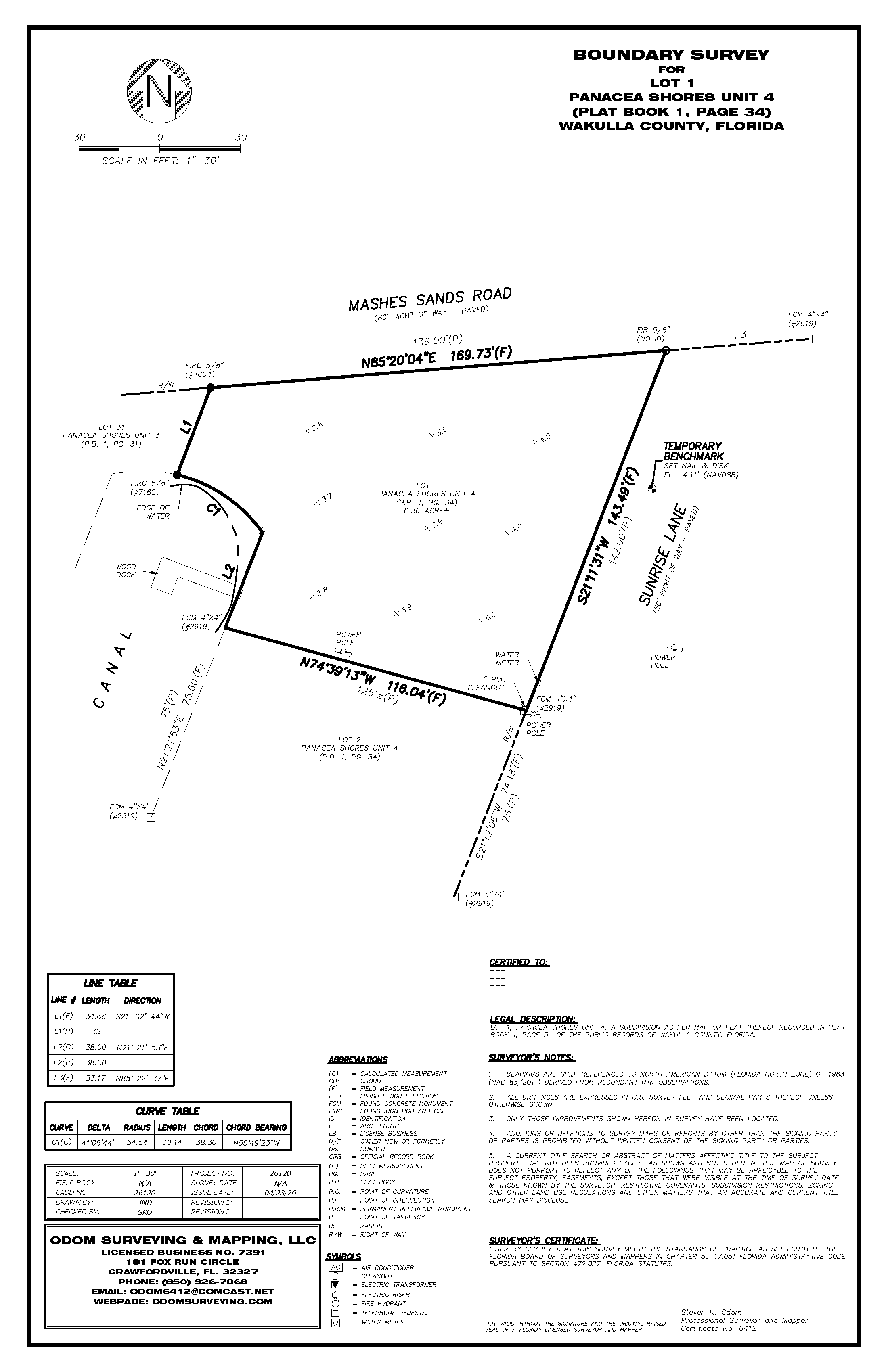 A detailed boundary survey map of Lot 1 in Panacea Shores Unit 4, Wakulla County, Florida, showing property lines, measurements, and features like water and power access.