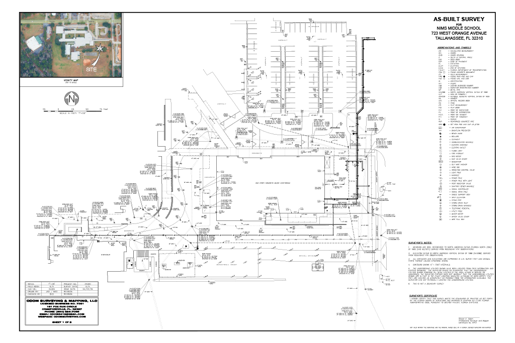 A detailed site plan of NIMS Middle School showing building layout, parking lots, roads, and surrounding landscape. Also includes an inset aerial image of the school's location at 723 West Orange Avenue, Tallahassee, FL 32310.