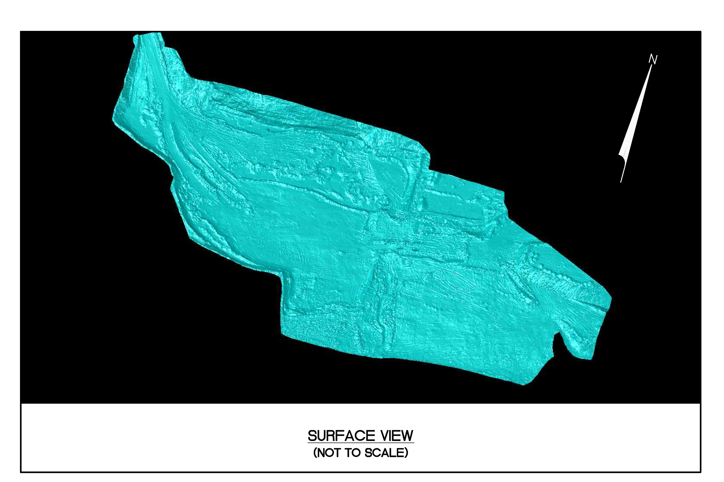 A digital surface view of a turquoise-colored 3D model of a terrain or landmass on a black background, with a north arrow indicating orientation.