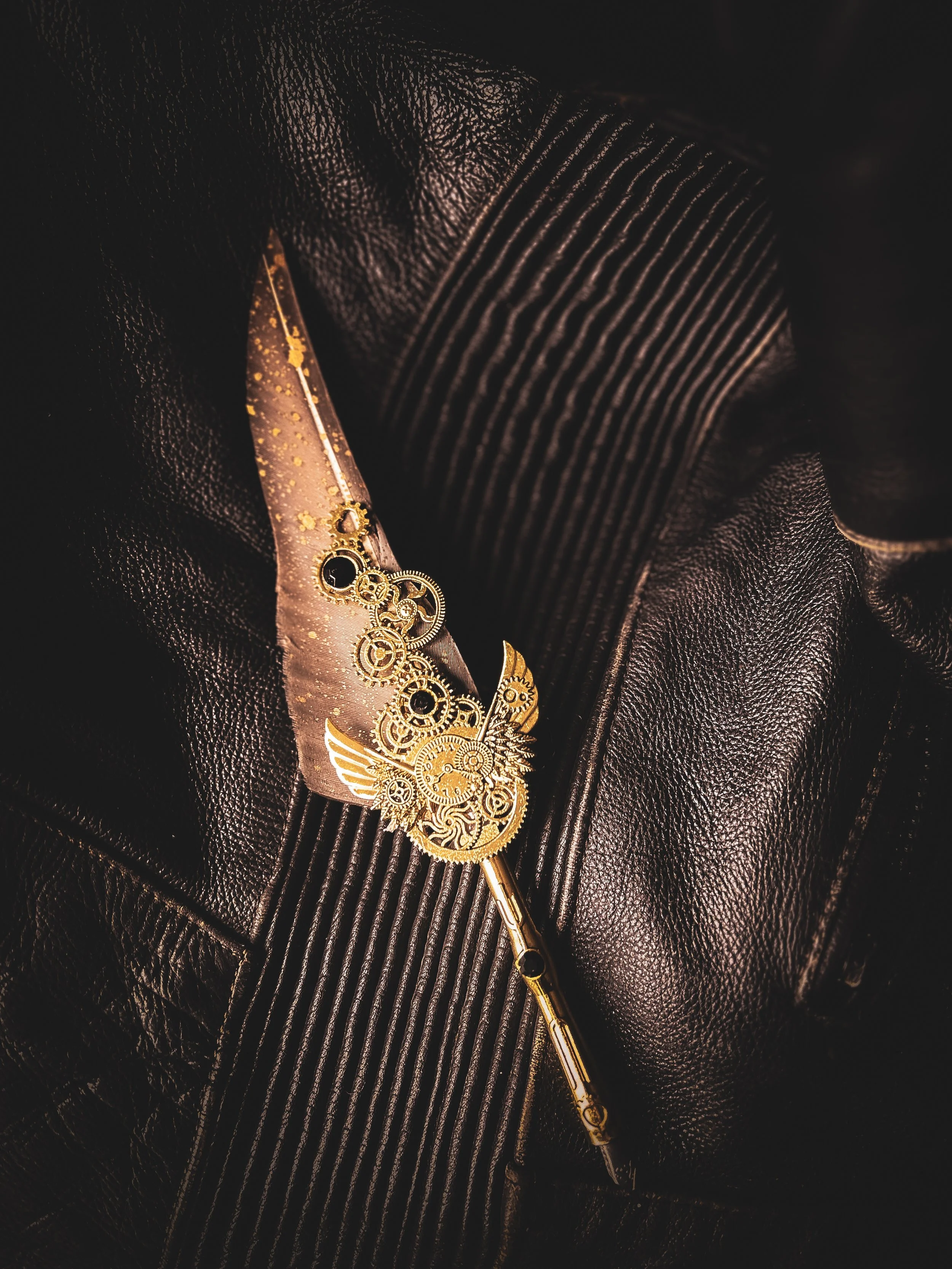 Steampunk style ink quill on Motorcycle leather jacket