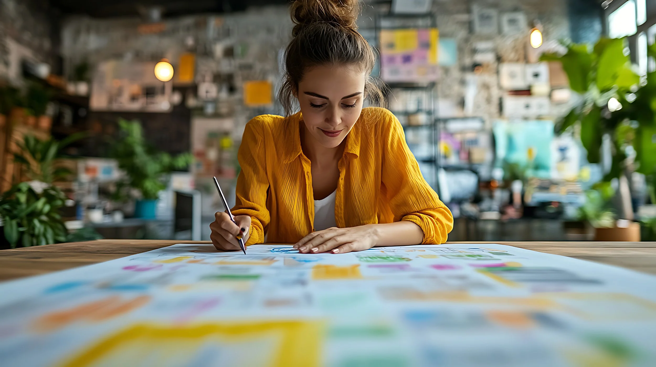 A young woman with brown hair tied up in a bun, wearing a yellow shirt, sitting at a table drawing or writing on a large sheet of paper with colorful markers, in a cozy, well-lit indoor space with plants and shelves in the background.