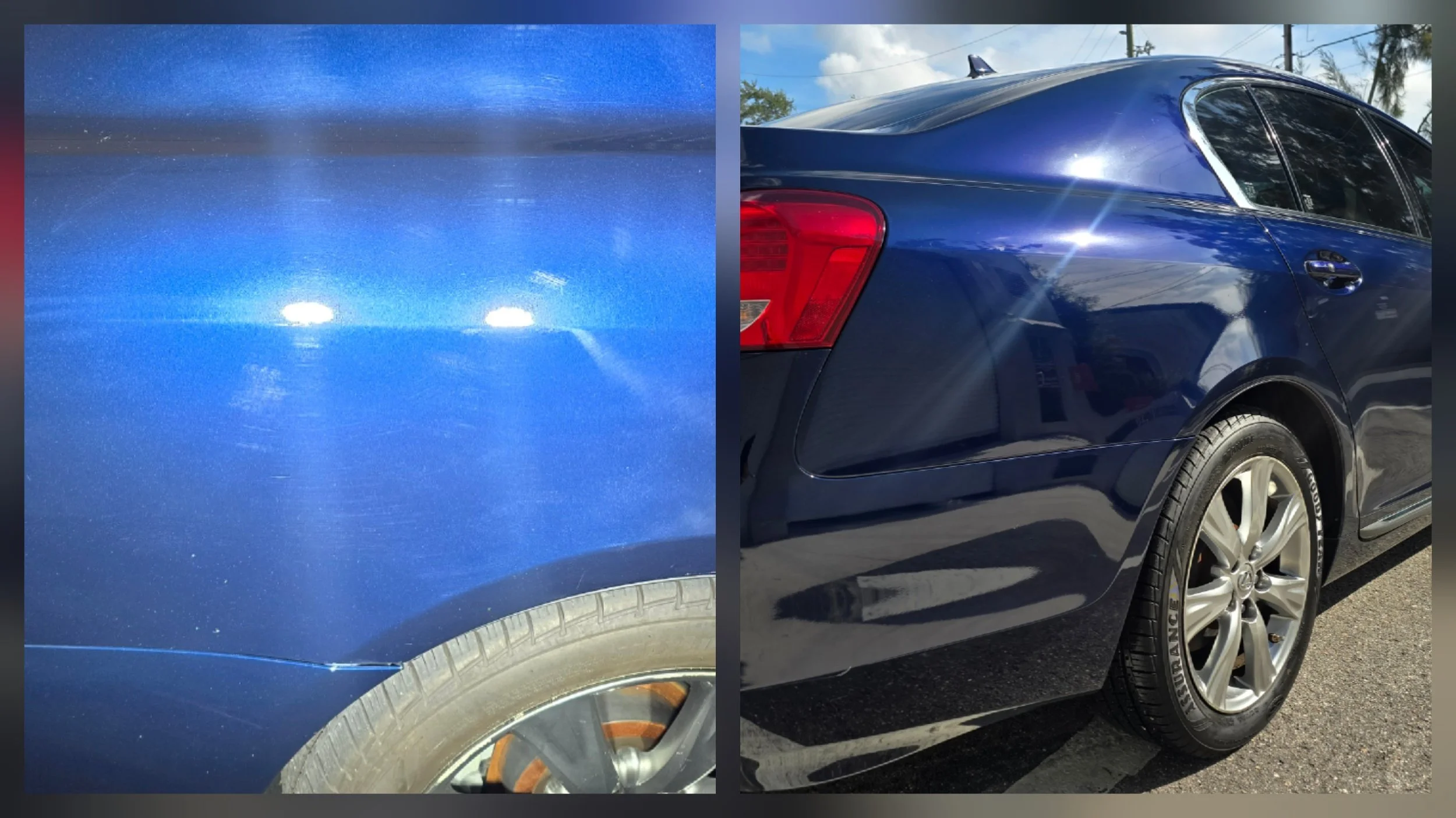 3-step paint correction transformation from badly scratched to glossy on a blue Lexus GS350 