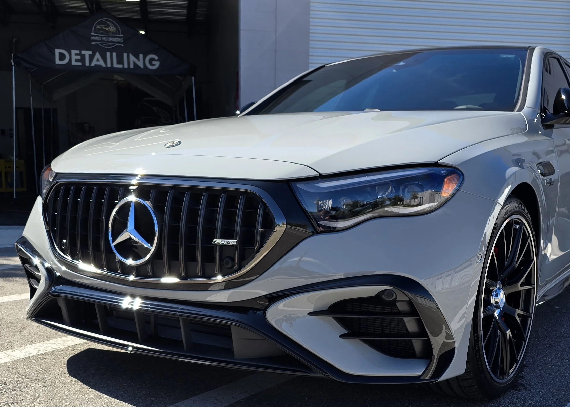 Gray Mercedes-Benz E53 AMG after ceramic coating at Miyagi Motorworks in Largo, FL