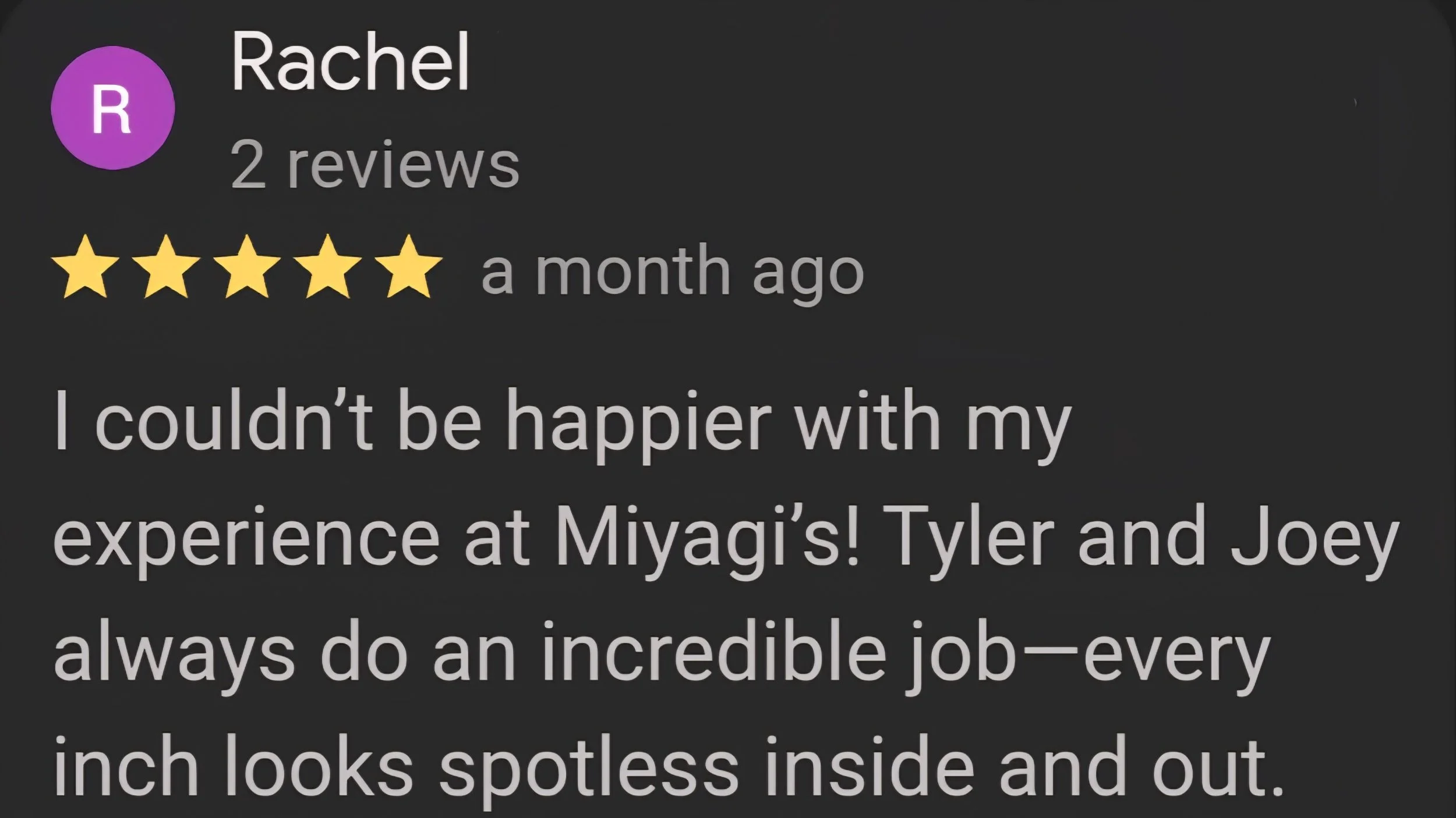 Google review screenshot for Miyagi Motorworks in Largo, FL from a satisfied detailing and ceramic coating client