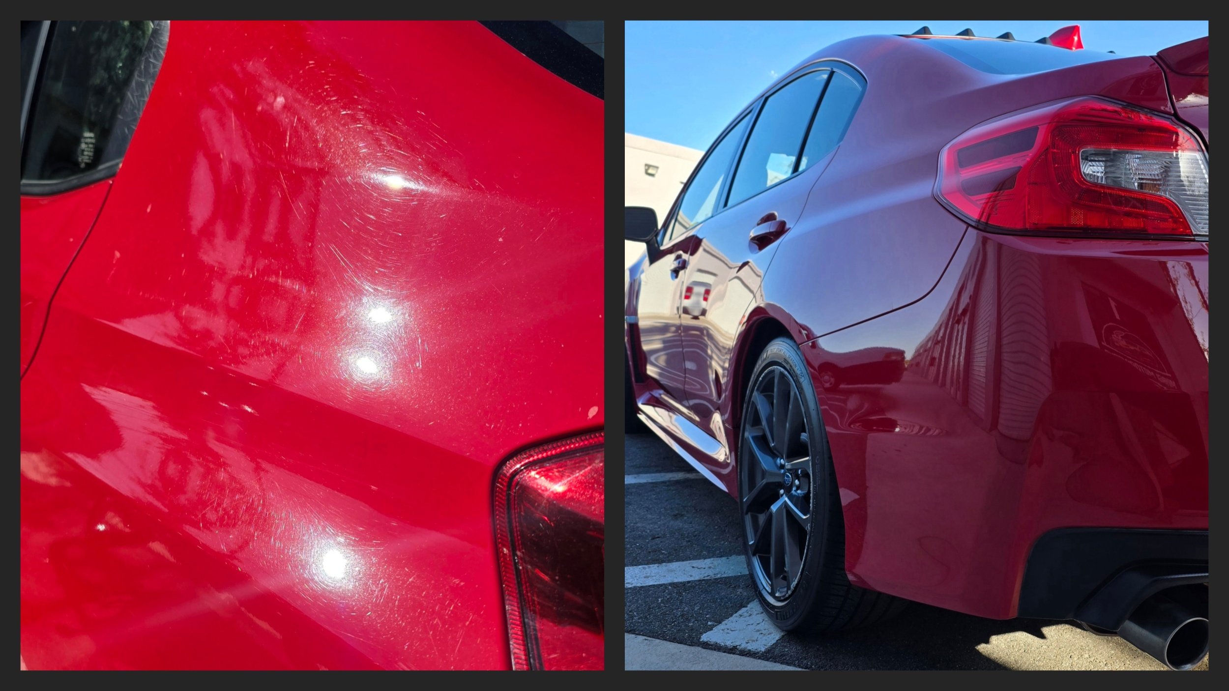 Paint correction example of swirl removal on red Subaru WRX
