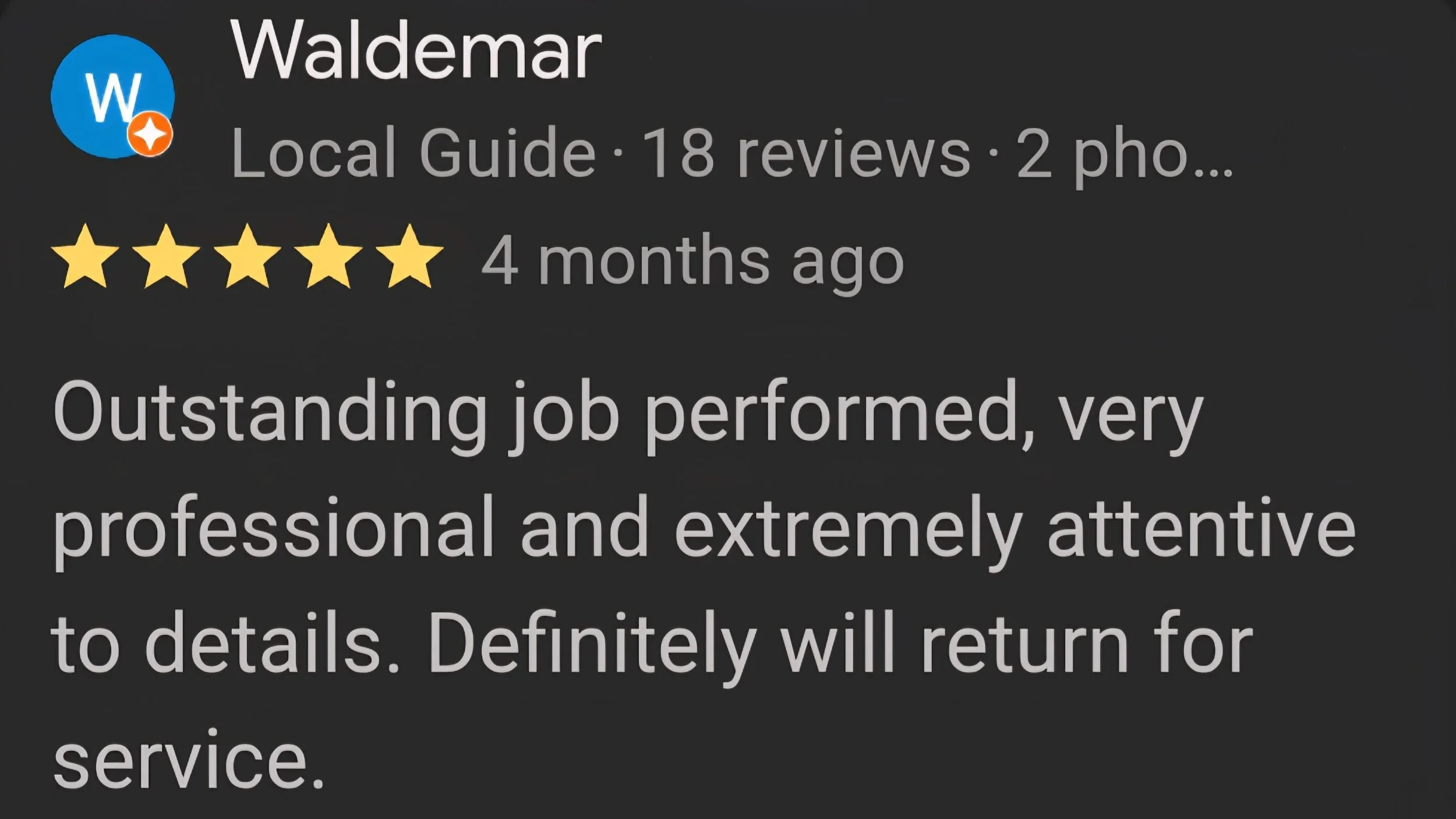 Google review screenshot for Miyagi Motorworks in Largo, FL from a satisfied ceramic coating client