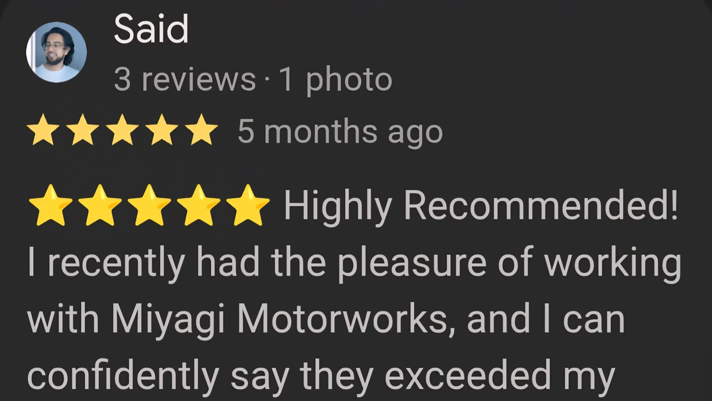 Google review screenshot for Miyagi Motorworks in Largo FL mentioning our high-quality ceramic coating work.