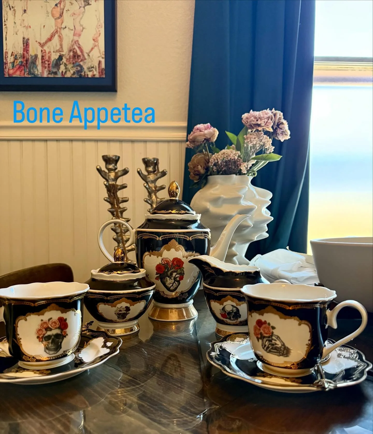 The collection begins. Will definitely showcase more of @angioletti_designs when we open. #boneappetea #hightea #toomuchpun  #wittynotwitty #sacramento #cardiotea