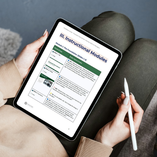 A facilitator guide which gives a step by step and prompts for the trainer to be able to delivery the training session including slide deck image references.