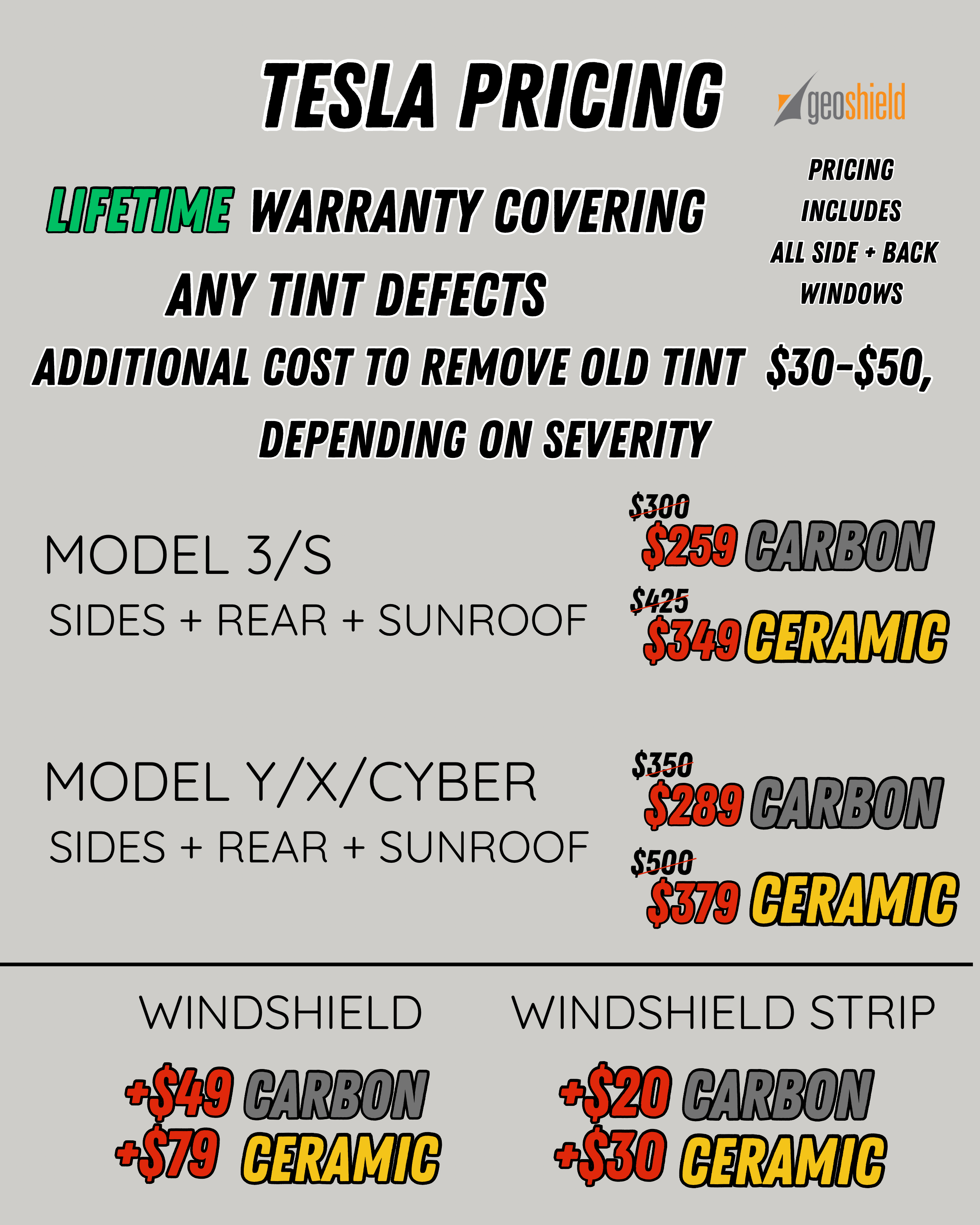Tesla pricing sign with details on warranty, tint removal costs, model types, and optional window tint and strip upgrades.