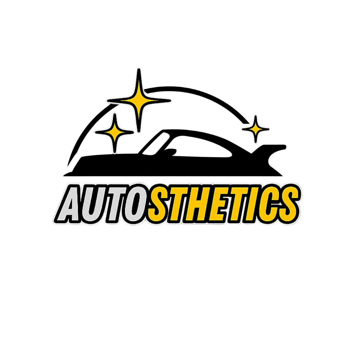 Logo for AutoShetics featuring a stylized car silhouette with sparkling effects and bold text.