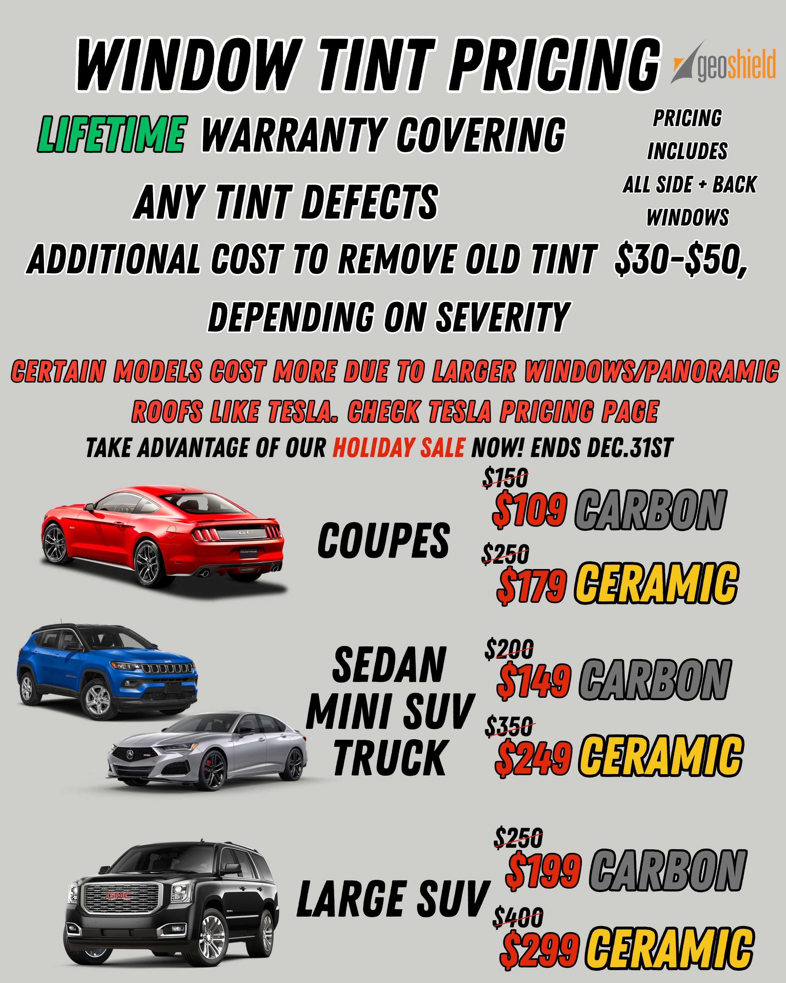 Advertisement for window tinting services with pricing for various vehicle types, text highlighting lifetime warranty, pricing discounts, and holiday sale.