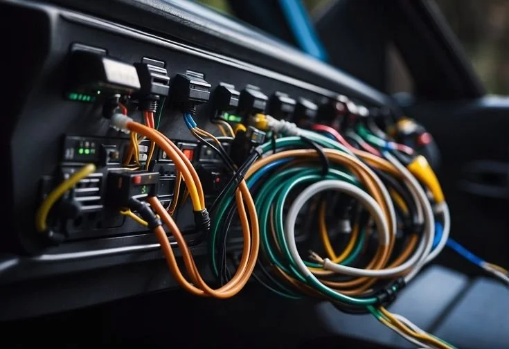 Close-up of a car dashboard with exposed wiring and electronic components.