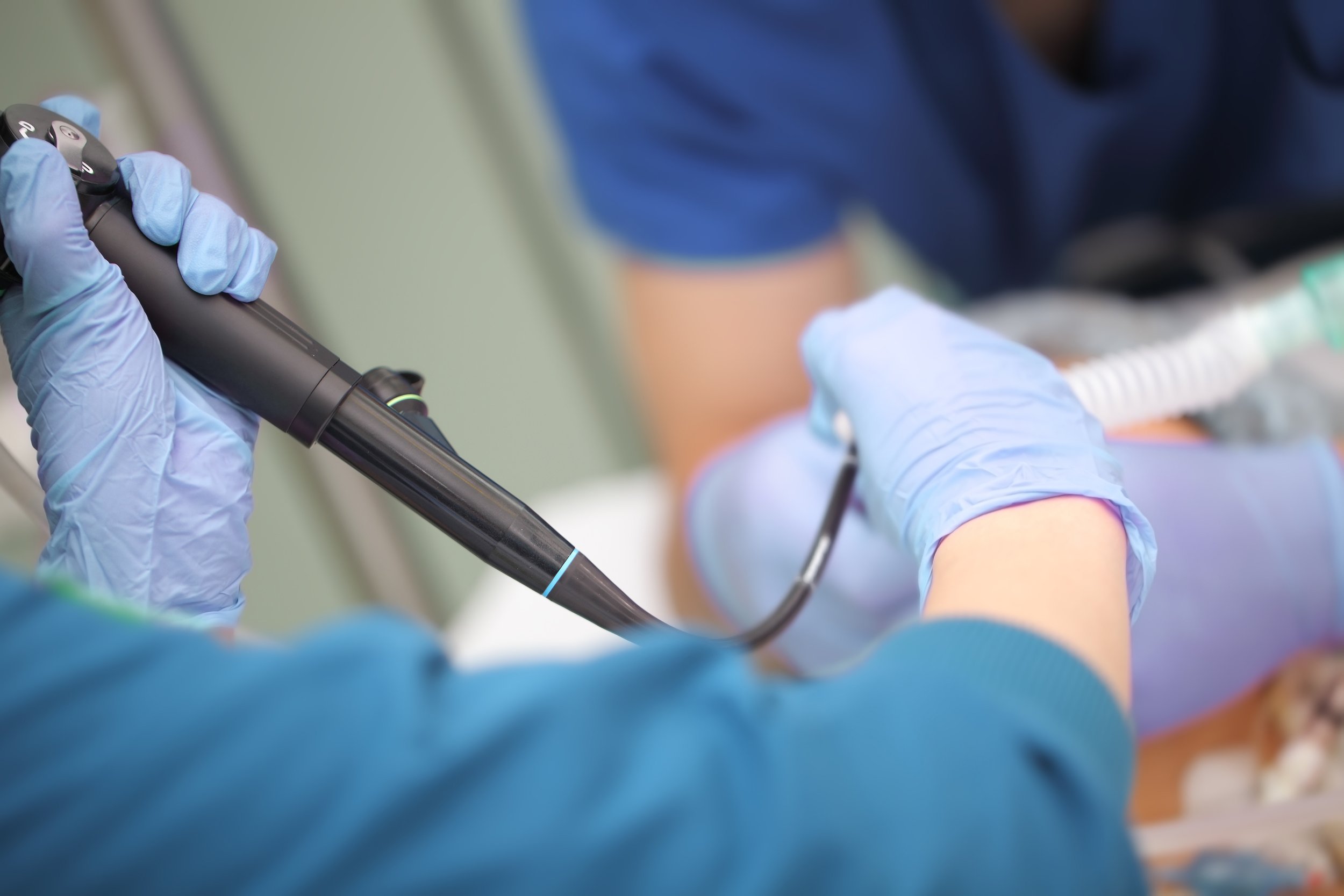 A medical professional wearing blue gloves using an endoscope during a procedure.