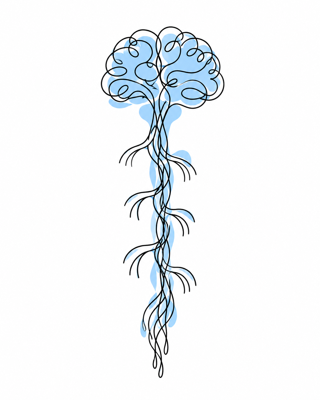 Stylized illustration of a brain with interconnected neural pathways extending downward, with a blue watercolor stain background.