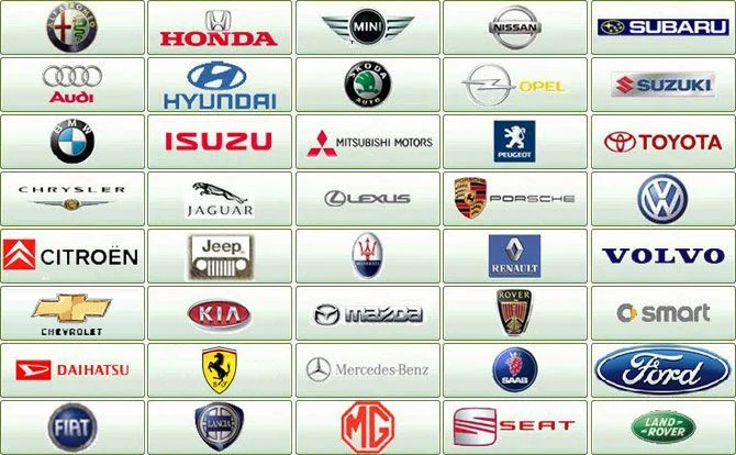 Logo di vari marchi automobilistici come Alfa Romeo, Honda, MINI, Nissan, Subaru, Audi, Hyundai, Opel, Suzuki, BMW, Isuzu, Mitsubishi Motors, Peugeot, Toyota, Chrysler, Jaguar, Lexus, Porsche, Volkswagen, Citroën, Jeep, Maserati, Renault, Volvo, Chevrolet, KIA, Mazda, Rover, Smart, Dacia, Ferrari, Mercedes-Benz, Saab, Ford, Fiat, Lancia, MG, Seat, Land Rover.