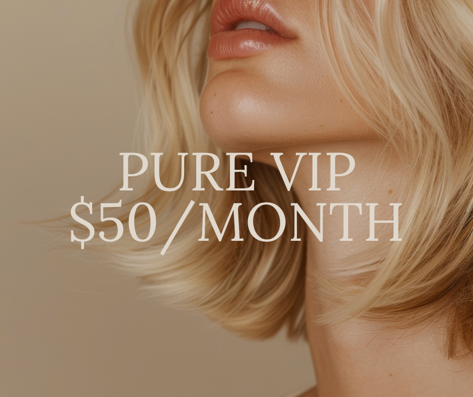 Close-up chin-focused view of a blonde woman with curly hair, featuring text overlay reading ‘PURE VIP $50’, promoting PURE Hair and Wellness South Coast NSW salon