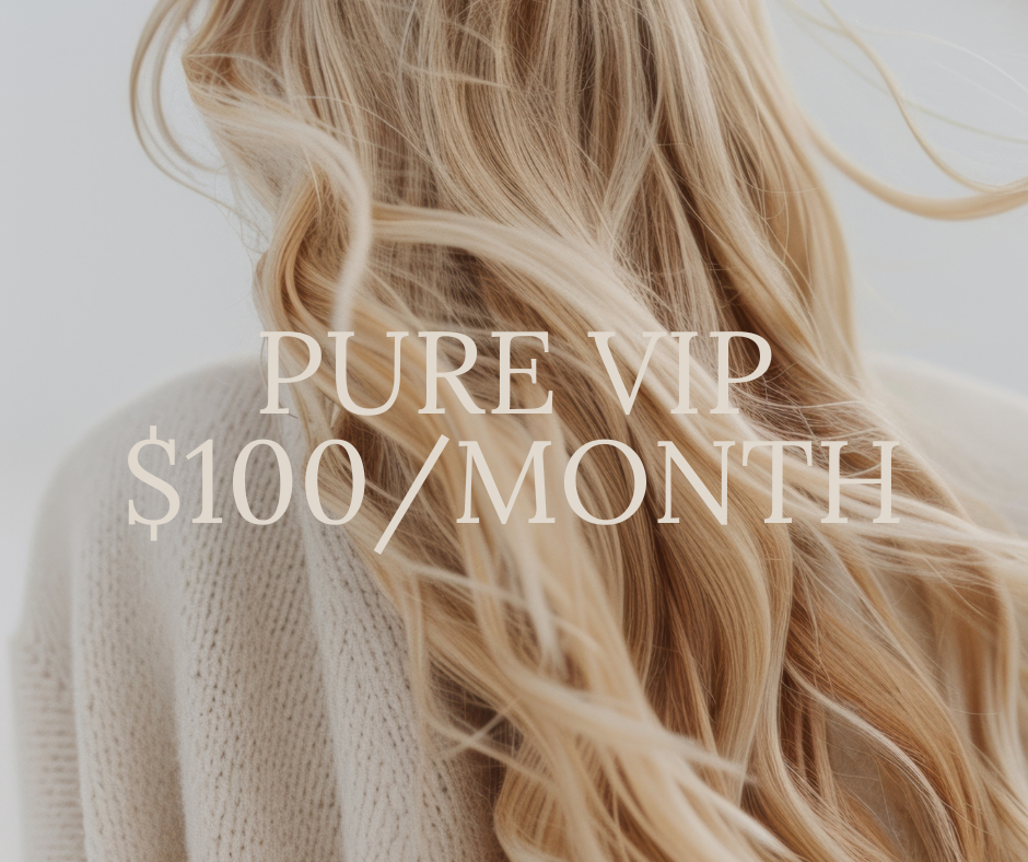 Back view of a blonde woman with curly hair, with text overlay reading ‘PURE VIP $100