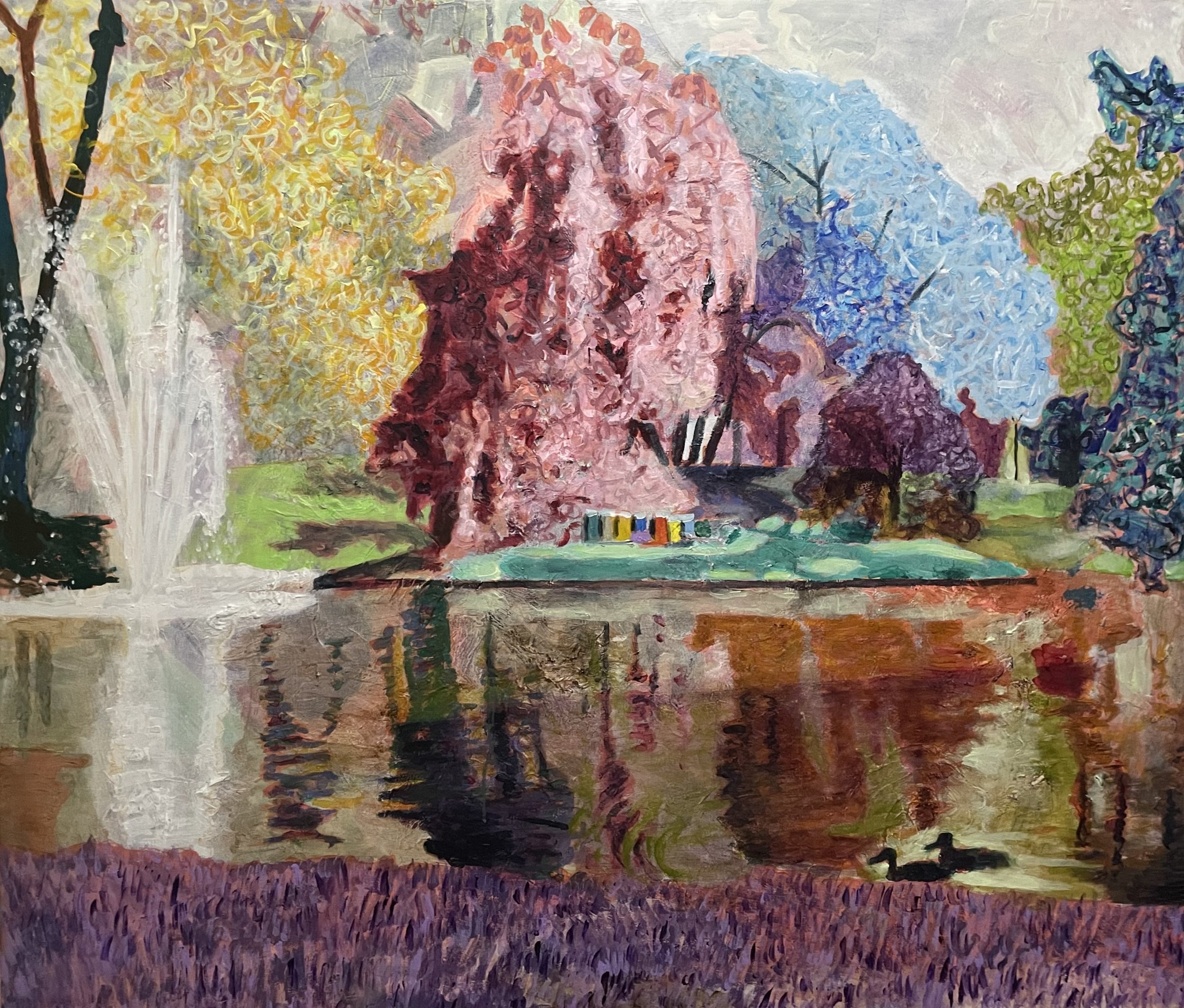 Beehives. Painting of a pond in the The Palace Park, Oslo. Acrylic on canvas, by Jon Håtun (Jono El Grande)