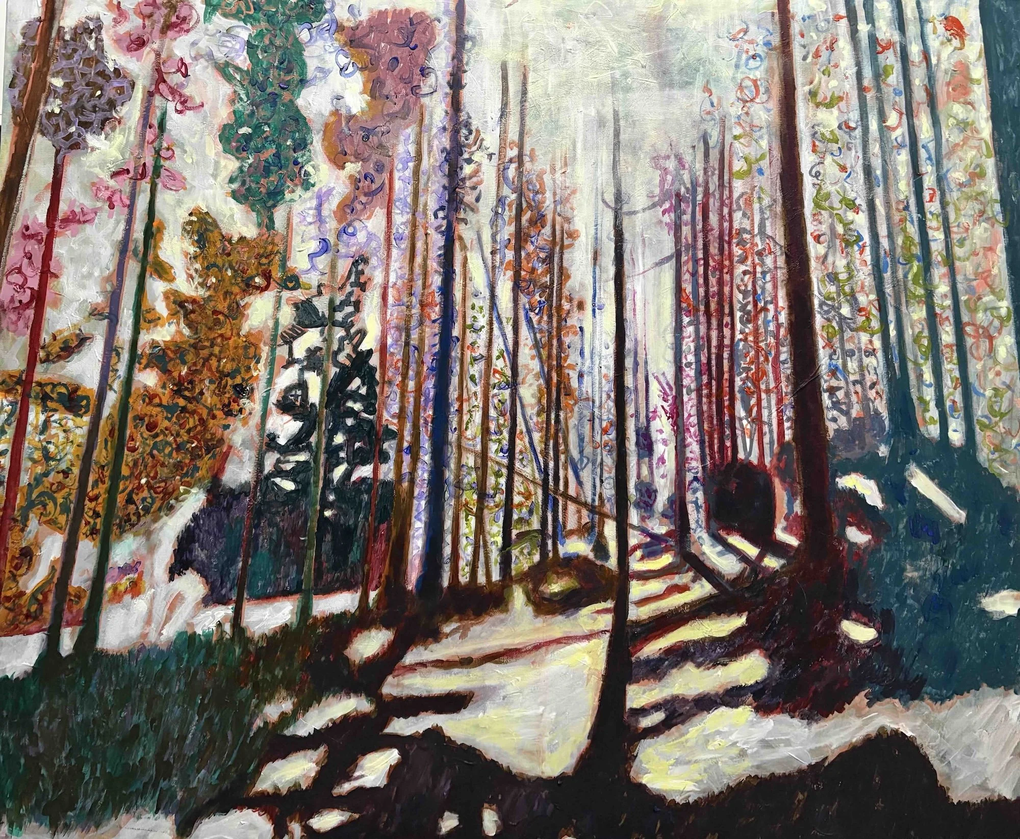 Painting of a clearing in the woods by my cabin. Acrylic on canvas, by Jon Håtun (Jono El Grande)