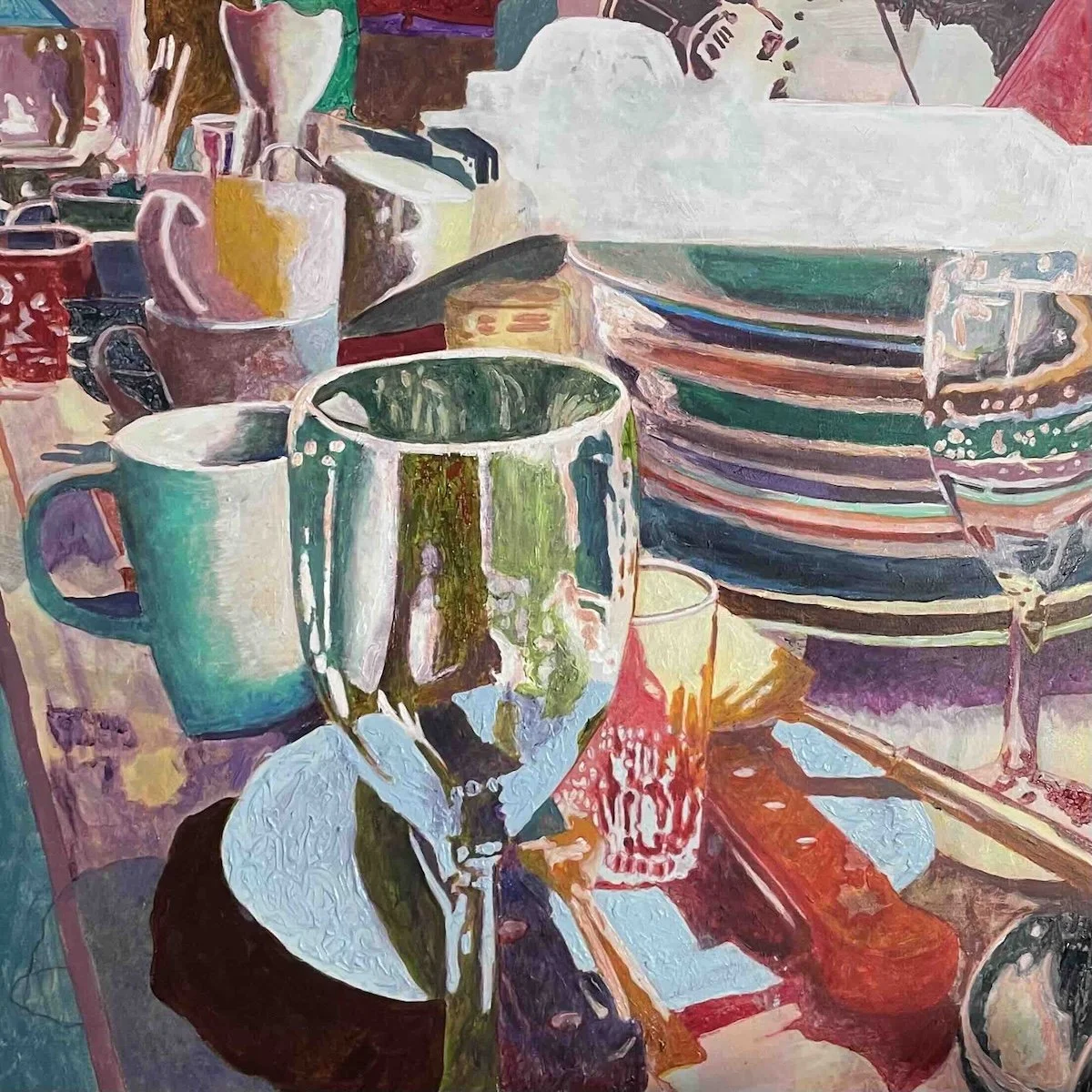 Painting of the first pile of dishes after moving in with my wife. Acrylic on canvas, by Jon Håtun (Jono El Grande)