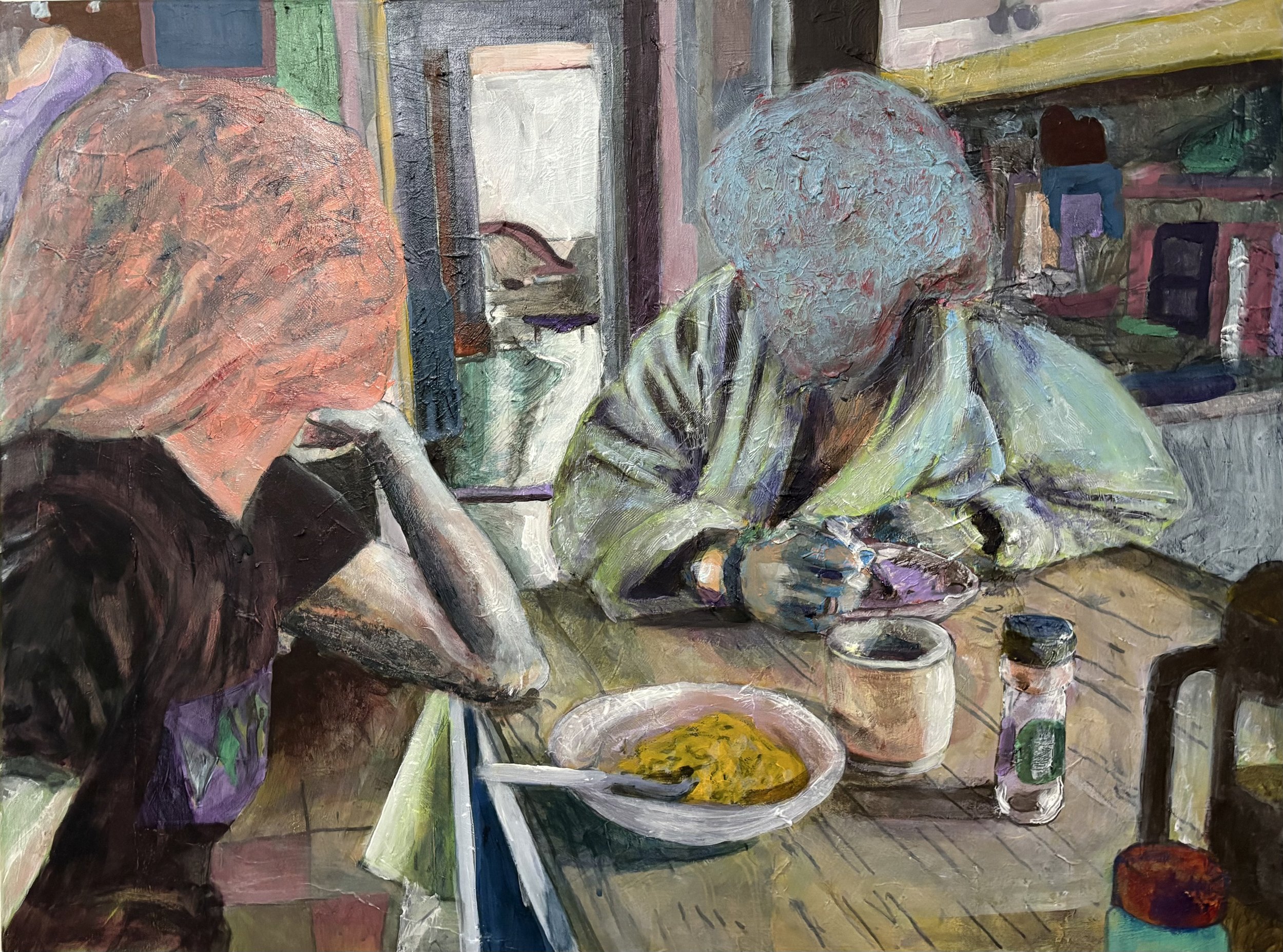 Meal. Painting of two friends. Acrylic on canvas, by Jon Håtun (Jono El Grande)