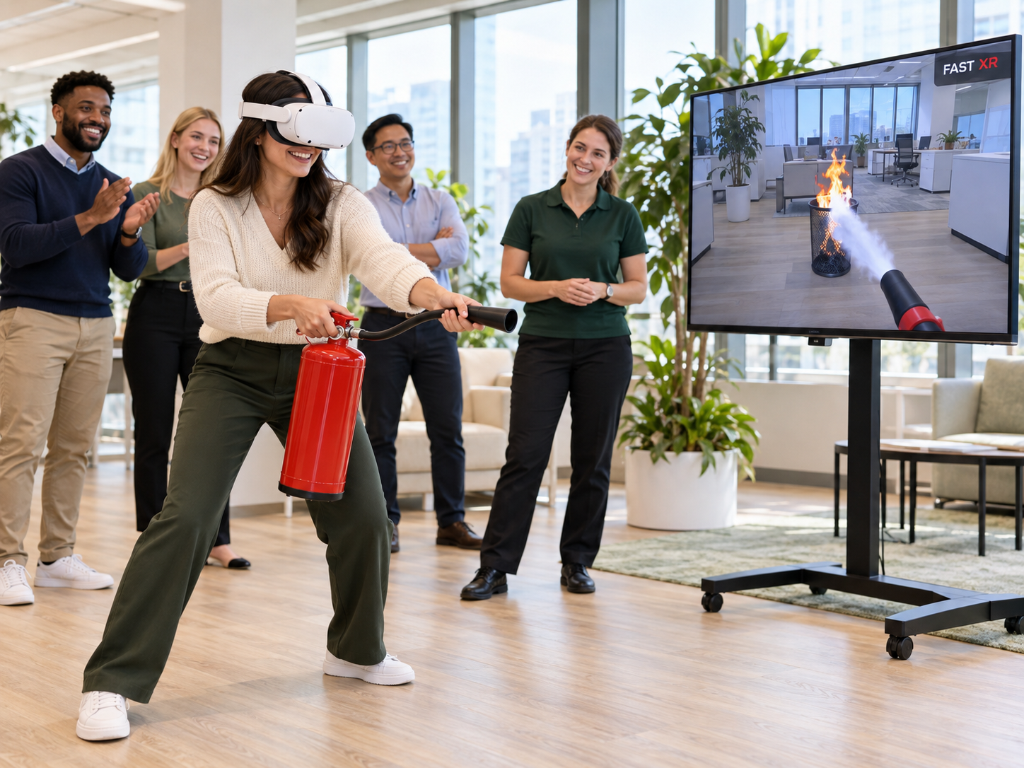 Office employee wearing a VR headset practices with a training extinguisher while coworkers cheer and watch the FAST XR simulation on a TV.